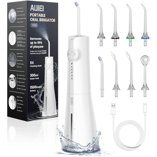 Munddusche Kabellos, AUIEI Elektrische Zahnreiniger Tragbar Waterflosser 5 Modi & 8 Düsen, 300ML Zahndusche Oral Munddusche Testsieger für Mundpflege & Reinigung Reisen nach Hause (Weiß)