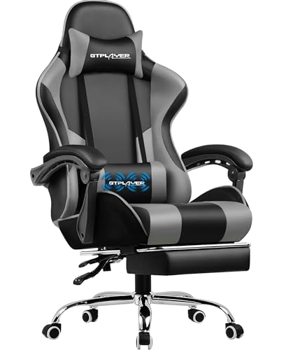GTPLAYER Gaming Stuhl Bürostuhl Massage Gaming Sessel Ergonomischer Gamer Stuhl mit Fußstütze, Kopfstütze Massage-Lendenkissen, Gepolstert Gaming Chair, Drehsessel, grau