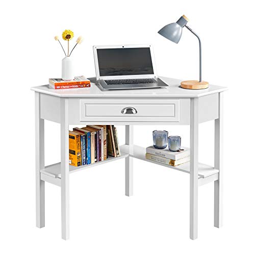 Yaheetech Schreibtisch Ecktisch Platzsparender Computertisch mit Schublade und Regalen Eckschreibtisch für Kleiner Raum, 106 × 71,5 × 77 cm Weiß