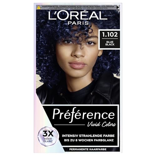 L'Oréal Paris Intensive dauerhafte Haarfarbe, Bis zu 8 Wochen glänzendes Haar und intensive Farbe, Préférence Vivid Colors, Farbe: 1.102 BLUE BLACK, 1 Stück