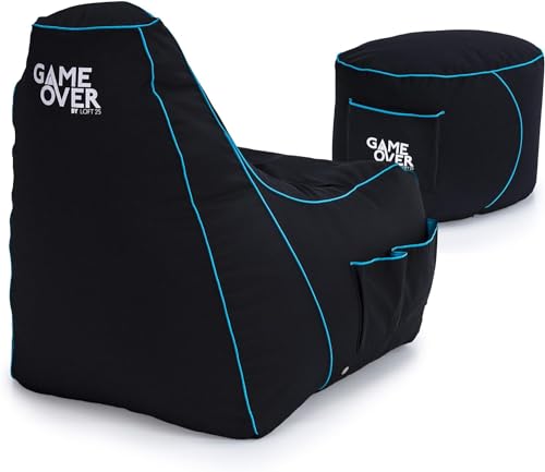 Game Over Video Gaming Sitzsack Spielen Stuhl und Fußhocker | Drinnen Draußen Wasserbeständig Bean Bag | Seitentaschen für Controller | Headset Halter | Ergonomisches Design (Lich Klinge)