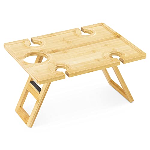 Navaris tragbarer Picknicktisch klappbar - Picknick Tisch aus Holz - mit 4 Weinglashalter und Weinflaschenhalter - Weintisch klappbar Outdoor - Bambus Weintablett