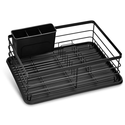 LINFELDT® Abtropfgestell Geschirr Schwarz 42,5 x 31,5 x 14,5 cm aus Metall für 10 Teller 20+ Bestecke - Geschirrabtropfgestell für Spülbecken + Besteckablauf