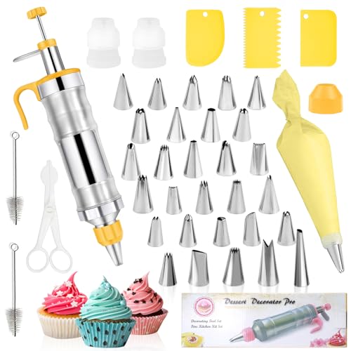 Garnierspritze Edelstahl Spritztüllen Set Tortenspritze Garnierspritze Kuchen Dekorieren Set 42 teilig Profi Edelstahl für Kuchen Cupcakes Cookies Gebäck Decoration (Gelb)