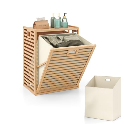 GIANTEX Wäscheschrank mit ausklappbarem Wäschesack, 50 x 35 x 64 cm Wäschekorb aus Bambus, Wäschesammler mit Griff, Badschrank für Waschküche Badezimmer Schlafzimmer