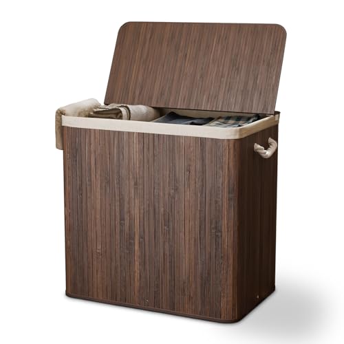 Juskys Bambus Wäschekorb Curly Braun 150L - Hygienischer Wäschekorb mit Deckel, Tragegriff & Wäschesack - 3 Fächer - Natürliche Bambus Optik