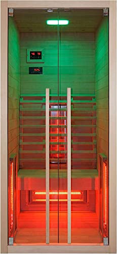 Sanotechnik Infrarotkabine RUBY 1 - Infrarotkabine für 1 Person - 90x100x195cm - Wärmekabine mit Vollspektrumstrahler, LED Beleuchtung, MP3 Player & Bluetooth, 2 Lautsprecher - Infrarot-Sauna