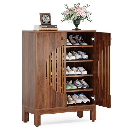 Tribesigns 5-stöckiger Schuhschrank mit runden Lamellentüren, 20 Paar Bauernhaus-Schuhschrank mit verstellbaren Regalen, Holzregal Organizer für Eingangsbereich, Flur, Wohnzimmer (braun)