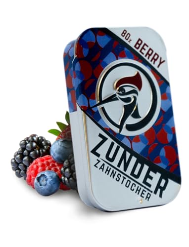 Zunder Zahnstocher | Zahnstocher mit Geschmack | 80 stück in stylischer Dose | perfekt geeignet zur Zahnreinigung, oder zum abgewöhnen unliebsamer Angewohnheiten (80 Stück, Beere)