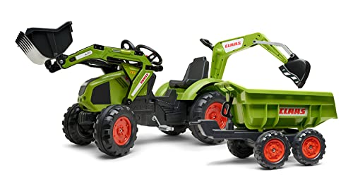 Falk KAYL1010W Tractopelle à pédales Claas Avec excavatrice arrière et remorque basculante Double essieu Traktor Tretlader, grün