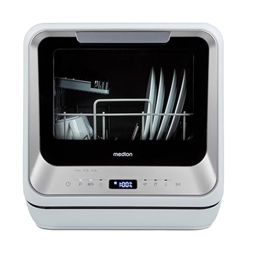 MEDION Mini Geschirrspüler DWT20 (Tischgeschirrspüler, Spülmaschine, 2 Maßgedecke, funktioniert mit/ohne Wasseranschluss, 6 Reinigungsprogramme, Babyflaschen, Startzeitvorwahl, freistehend) silber