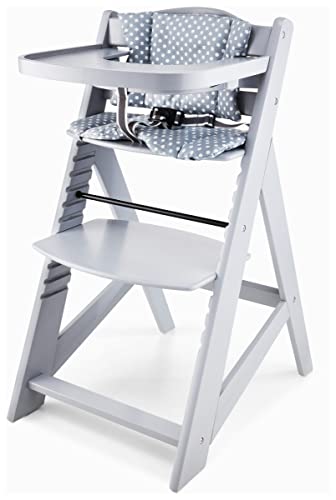Moby-System Woody Baby Hochstuhl aus Holz - Mitwachsender Kinderhochstuhl mit 3-Punkt-Gurt, Essbrett & Kissen - Höhenverstellbar bis 15 kg, Massivholz Grau