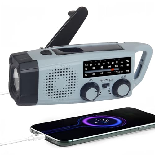 Notfall Radio, 2000mAh Akku Kurbelradio Solar Ladegerät Power Bank USB AM/FM-Radio mit SOS-Alarm Taschenlampe, 3-Wege-Laden Emergency Radios, Innen Außen Camping Klein Taschenradio