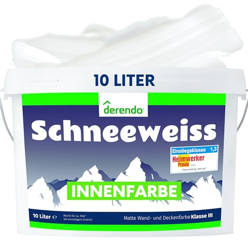 derendo Schneeweiss Wandfarbe weiß matt hohe Deckkraft 10l Innenfarbe ausbessern Testsieger Wände streichen ohne tropfen hochdeckend Farbe innen weiss 10 Liter