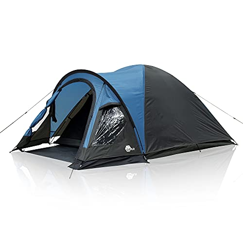 your GEAR Zelt Tivano - Kuppelzelt für 3 oder 5 Personen, Campingzelt mit Wohnraum und Fenstern, UV 50+ Sonnenschutz, dunkle Schlafkabine, Blau Grau, 5 Mann Version mit Stehhöhe und Seiteneingang