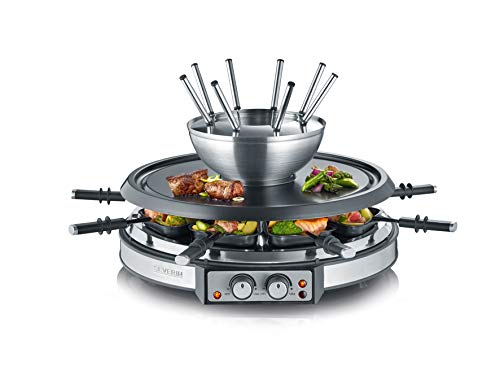 SEVERIN Raclette-Fondue-Kombination für 8 Personen, 1.900 W, zwei separat heizbare Elemente, spülmaschinengeeigneter Fondue-Topf, Edelstahl, schwarz, RG 2348