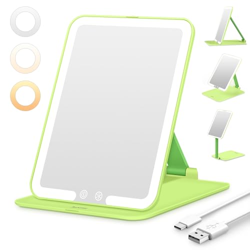 Auxmir Kosmetikspiegel mit Beleuchtung, USB Wiederaufladbar Schminkspiegel, Faltbar Spiegel Reisespiegel mit 3 Lichtfarben für Zuhause Reise, Grün