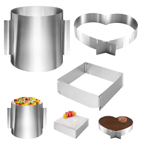 CEWROM Tortenring Verstellbar, Hoch Tortenring Set, Edelstahl 3er Set Backring Eckig, Rund, Herzbackform, Auslaufsicher Antihaft, für Backen Kuchen Torten, Pizza, Hochzeit, Weihnachten,Desserts Party