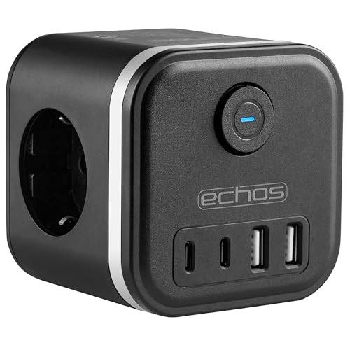 Echos - 7-in-1 Steckdosenwürfel ohne Kabel 3 Fach Mehrfachsteckdose mit USB C - Steckdosenleiste 4 Fach USB Mehrfachstecker mit Schalter Cube Steckdosenadapter mit Kindersicherung 3680W (Schwarz)