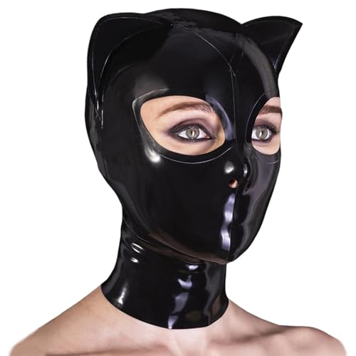 GREEFEI Schwarze Latex Gummi mit Ohren Cosplay Katzen Maske,Reißverschluss Hinten,Clubwear Accessoires Handgefertigt M