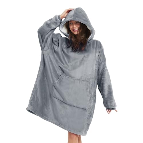 V.&GRIN Übergroße Kapuzen-Decke, Weicher Flauschfleece-Pullover Sweatshirt für Frauen Männer Kinder – Familienlook in Übergröße XXL​ Dunkelgrau
