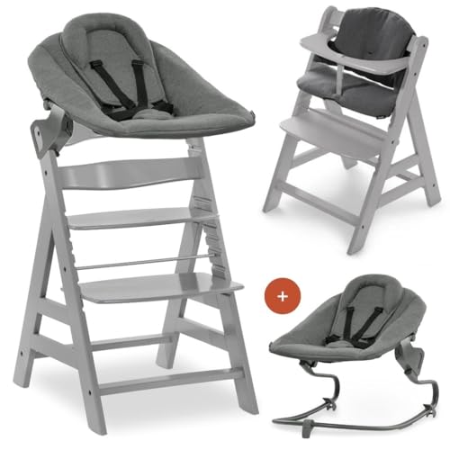 hauck Alpha Plus Newborn Set mit Premium Bouncer Dark Grey - Baby Holz Hochstuhl ab Geburt mit Liegefunktion - extra flacher Aufsatz für Neugeborene & Baumwoll Sitzpolster - Grau