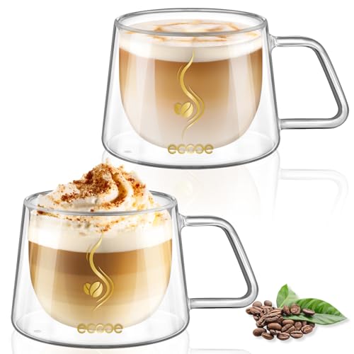 ecooe Doppelwandige Kaffeegläser 350ml Latte Macchiato Gläser 2er Set, Borosilikatglas Kaffeetassen Glas Doppelwandig Kaffeeglas Teegläser mit Henkel für Cappuccino, Tee, EIS, Milch, Bier