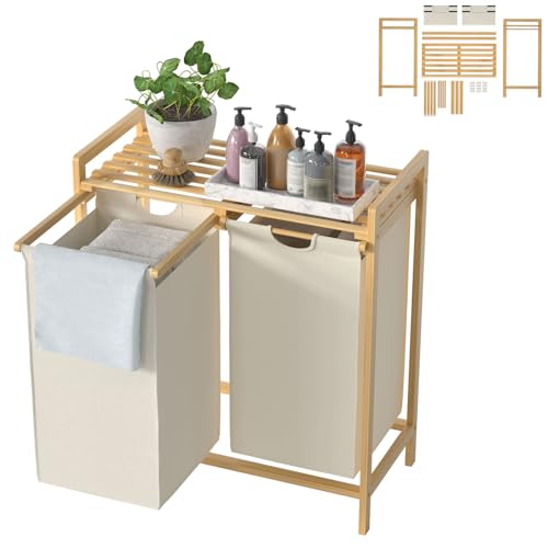 UISEBRT Bambus Wäschekorb mit 2 Fächern, 72L Wäschesortierer aus Oxford-Stoff, Wäschesortiersystem abnehmbar und waschbar, 73x64x33,5cm, Beige