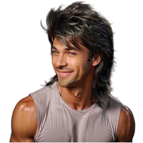 Schwarz Vokuhila Perücke 80er 70er Jahre Disco Party Männer Perücke Lange Locken Perücken für Männer Hippie Rocking 80er Jahre Them Party Cosplay Kostüm Canival Hitzebeständige Haarperücken