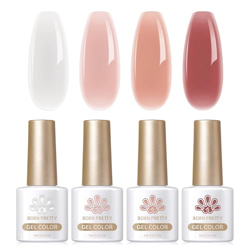 Born Pretty UV Nagellack Jelly Weiß Nude Rosa - Gel Nagellack UV Natur Kristall Transparent UV Lack Pfirsichdunst Serie Maniküre und Nagelkunst DIY zu Hause 4PCS