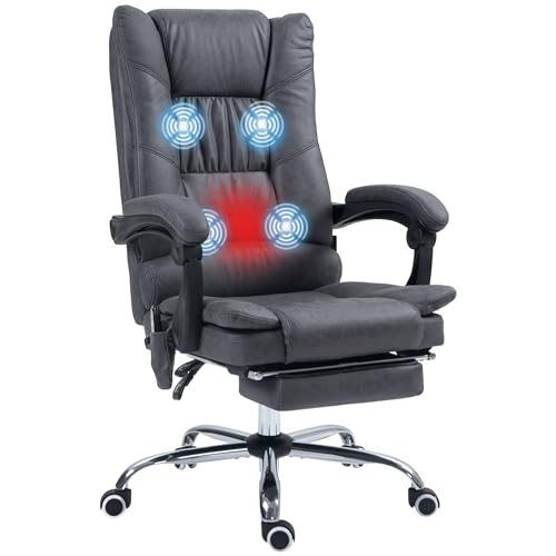 Vinsetto Bürostuhl mit Vibrationsmassage Ergonomischer Chefsessel mit Lendenwärmer, Liegefunktion, Fußstütze, Höhenverstellbar Schreibtischstuhl, Drehstuhl mit Seitentasche, Dunkelgrau