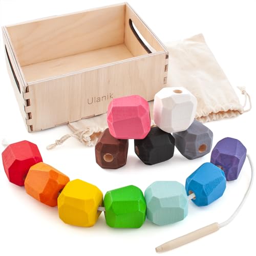 Ulanik Fädelspiel Stapelsteine Montessori Spielzeug ab 3 Jahre Baby Perlen zum Auffädeln Balance Spiel für Zählen und Sortieren Farben Lernen — 12 Holzsteine