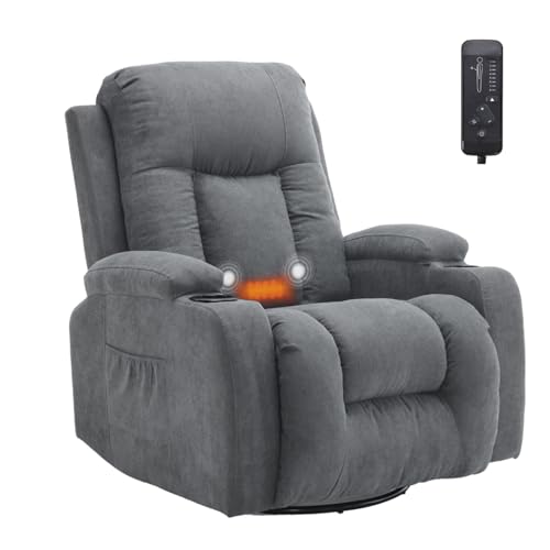 LEADZM Fernsehsessel Relaxsessel mit 360°-Drehung Elektrisch Massagesessel mit Liegefunktion Massage Heizung 2 Seitentaschen Getränkehalter, Liegen TV Sessel