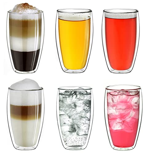 Creano doppelwandiges Thermoglas 400ml „DG-SH“, großes Doppelwandglas aus Borosilikatglas, doppelwandige Latte Macchiato Gläser, Kaffee, Tee, 6er Set