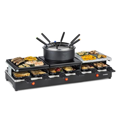 Klarstein Fonduelette XL - 3-in-1 Raclette-Grill & Fondue, 1650 Watt: Metall- /Naturstein-/Crêpesplatte, 3 separate Edelstahl-Heizelemente, bis 12 Personen, Antihaftbeschichtung, schwarz