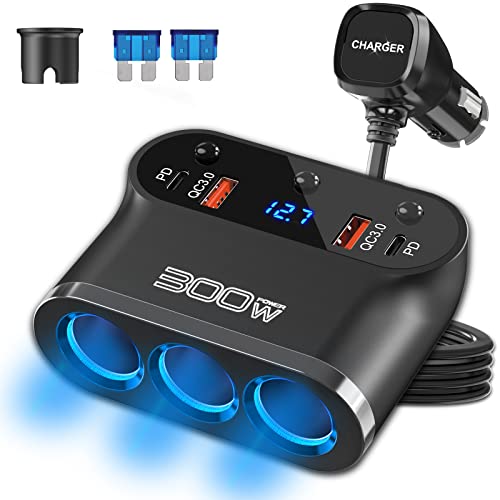Dual PD 30W Auto Zigarettenanzünder Verteiler 300W: KFZ Adapter 12V USB C Ladegerät 3 Mehrfach Steckdose 12 Volt DC Stecker Splitter mit Schalter LED Voltmeter für iPhone Sitzheizung GPS Kamera Navi