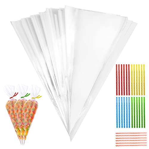 100 Stück Süßigkeiten Tüten, 25x13cm Candy Bar Tüten Spitztüten Transparent Cellophantüten mit 100 Twist Ties Geschenktüten für Schokolade Bonbons Kekse Hochzeit