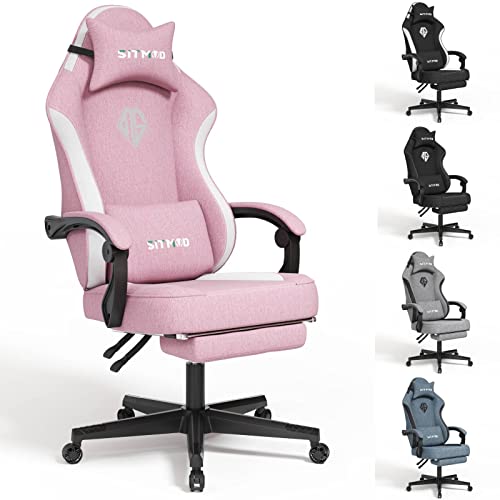 SITMOD Gaming-Stuhl mit Fußstütze-Computer Ergonomischer Videospiel-Stuhl-Rückenlehne und Sitzhöhenverstellbarer drehbarer Arbeitsstuhl für Erwachsene mit Lordosenstütze (Rosa)-Stoff