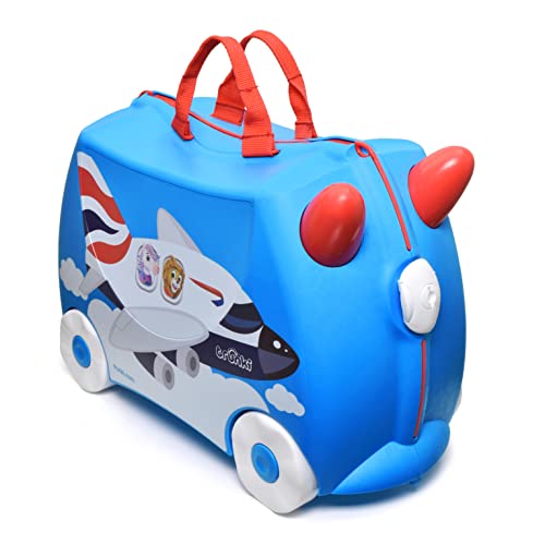 TRUNKI Handgepäck und Kinderkoffer zum Draufsitzen | Kinder Risen Geschenk für Mädchen und Jungen | Trolley Amelia Das Flugzeug (BA Blau)