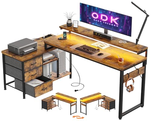 ODK Schreibtisch L Form mit Schubladen, 174x100cm Eckschreibtisch mit Regal Reversibler, Gaming Tisch L Form mit LED&Monitorständer, Computertisch Bürotisch für Arbeitszimmer Schlafzimmer, Braun