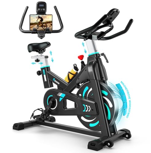 Heimtrainer Fahrrad, Riksion Hometrainer mit Flüsterleisem Magnetwiderstand, Spinning Bike Indoor bis 160 kg belastbar, Robuster Rahmen, Verstellbarer Widerstand und Transportrollen