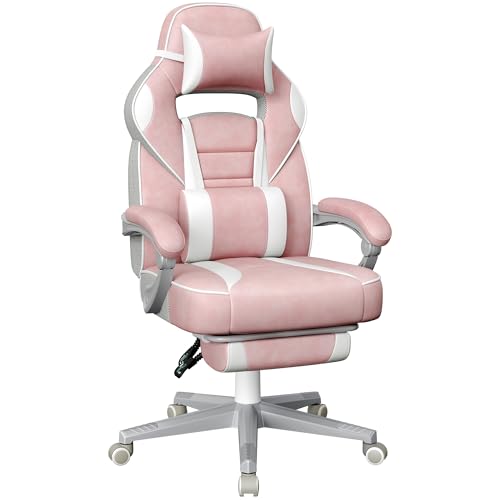 SONGMICS Bürostuhl, Schreibtischstuhl, ausziehbare Fußstütze, Kopfkissen, Lendenkissen, höhenverstellbar, ergonomisch, neigbare Rückenlehne, bis 150 kg belastbar, pastellrosa-cremeweiß OBG073P01