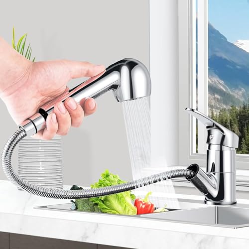 Namuoto Küchenarmatur Ausziehbar, 360° Drehbar Wasserhahn Küche, Spültischarmatur Küche mit Säulentyp Wasserauslass und Duschwasserauslass 2 Modus, Einhandmischer Mischbatterie für Küche Chrom