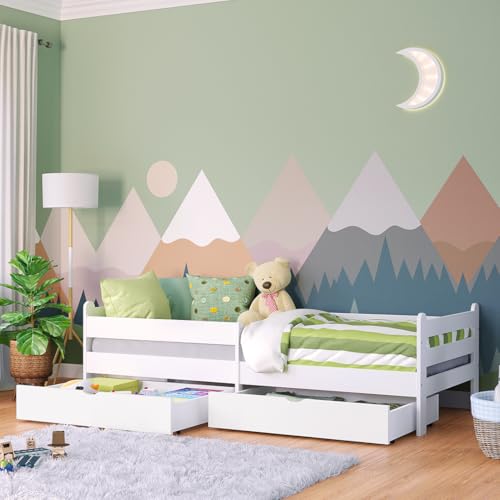Bellabino Kuru Kinderbett 90x200 cm – Jugendbett mit 2 Schubladen - Kinder Bett mit Rausfallschutz & Lattenrost – Einzelbett für Jungen und Mädchen für Kinderzimmer – Kids Bed mit Stauraum in Weiß