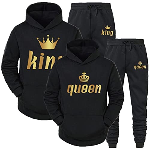 Minetom Pärchen Sportanzug King Queen Pullover Kapuzenpullover Hoodie Valentinstag Liebespaar Couple Jogginganzug Oberteile und Hose Set für Paare Schwarz queen L