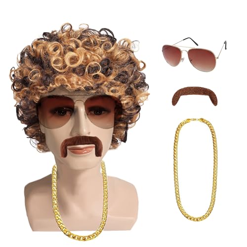 Afro Perücke Herren Damen, FaschingsDeko, Vokuhila Perücke Herren, Faschingskostüme Herren Cosplay Perücke, 70er 80er Jahre Outfit für Männer Damen Sonnenbrille Halskette Bart (Braun)