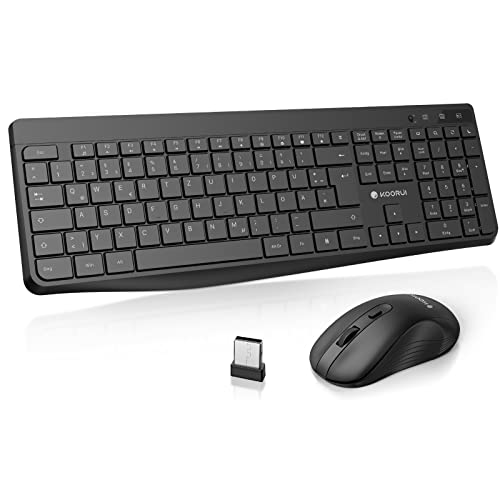 KOORUI Tastatur und Maus Kabellos, Leise Maus Tastatur Set Deutsches Layout QWERTZ mit 12 Funktionstasten 2.4 GHz Tastatur Maus Set für Windows,MacOS,Linux-Schwarz