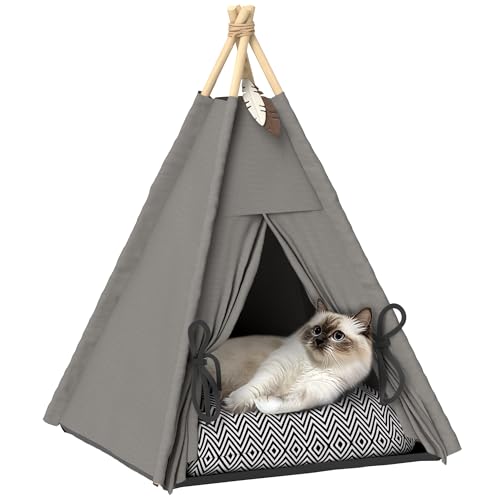PawHut Tipi Zelt für Haustiere, Katzenzelt mit abnehmbar und waschbar Kissen, Katzenhaus mit rutschfestem Boden, Spielball, für Katzen unter 5kg, Mini Hunde, 60 x 60 x 76 cm, Grau