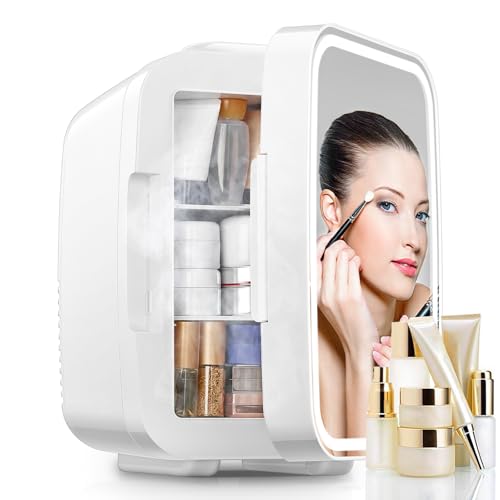 FOHERE 5L Mini Kühlschrank mit LED LICHT Spiegel,220V AC, Getränkekühlschrank, Kleine Skincare Fridge Kühl/Heizfunktion für Schlaf & Wohnzimmer, Büro Schreibtisch,Weiß