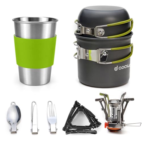 Odoland Camping Geschirr Set 10-teiliges Outdoor Kochgeschirr Aluminium Camping Töpfe Becher Faltbare Besteck Mini Campingkocher für Outdoor Picknick Wandern